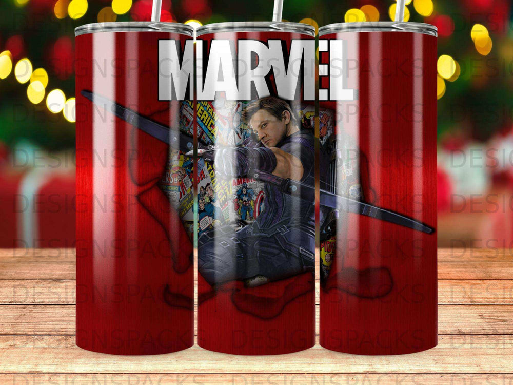 Marvel Comics Captain America and Hawkeye illustration on a red tumbler.
