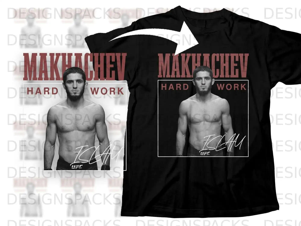 Black t-shirt with Khabib Nurmagomedov posing, text "Islam Makhachev" and "UFC".
