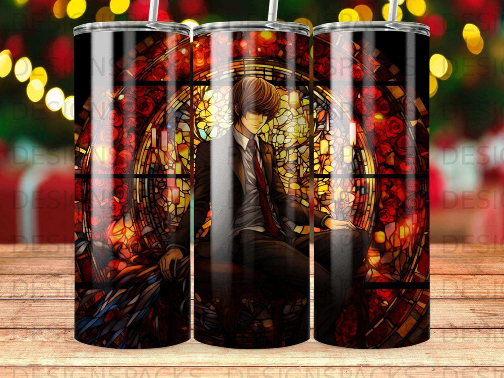 Anime character Light Yagami sitting in front of a stained glass window.