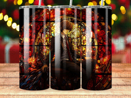 Anime character Light Yagami sitting in front of a stained glass window.