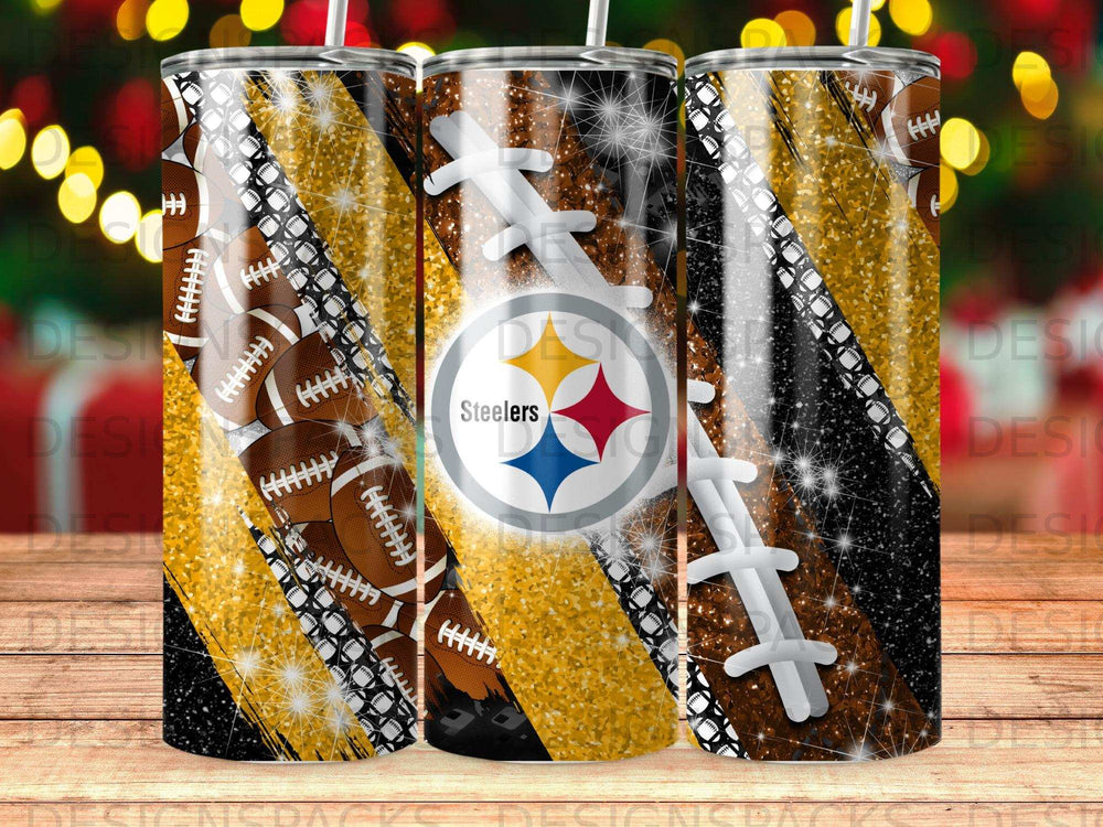 Steelers football tumbler with gold and black glitter patterns.