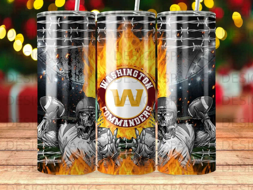 Washington Commanders skulls with footballs, barbed wire, and flames.
