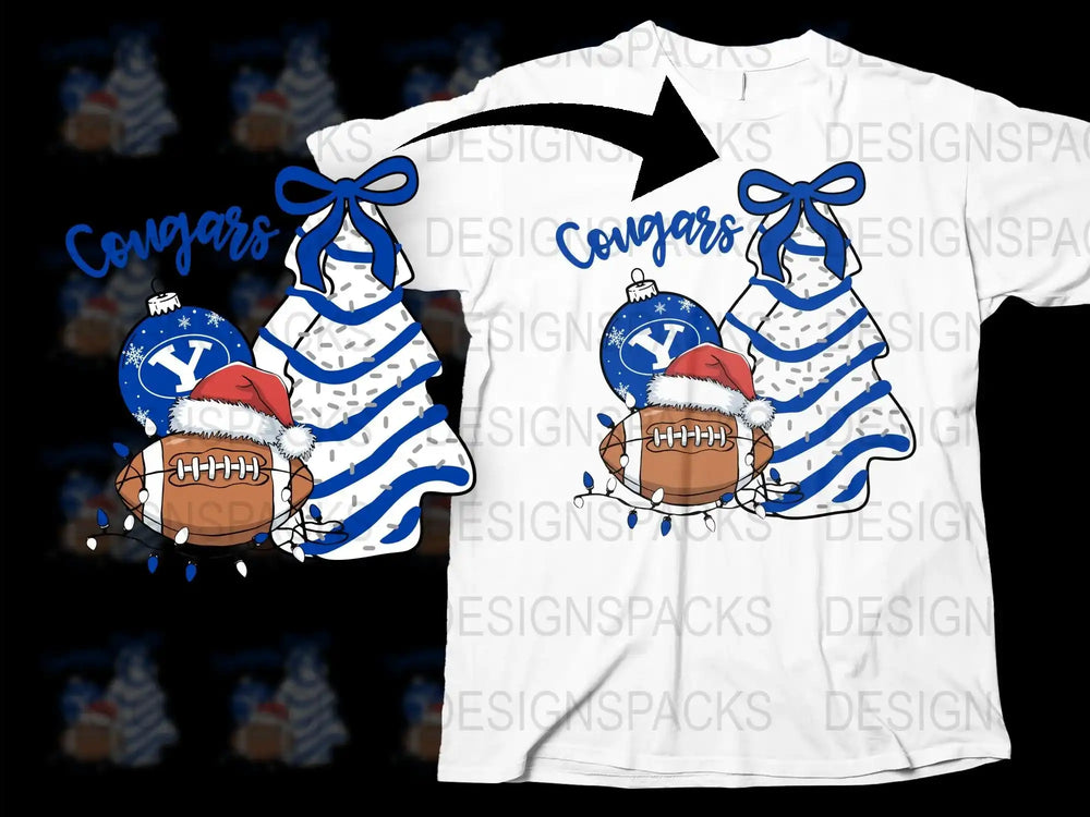 Cougars Football T-Shirt, Christmas Santa Hat, Blue White School Spirit, Graphic Sports Tee, Holiday Fan Apparel