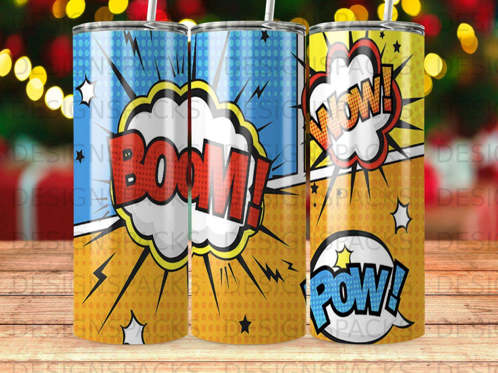 Comic book style tumbler with "BOOM!" and "POW!" graphics.