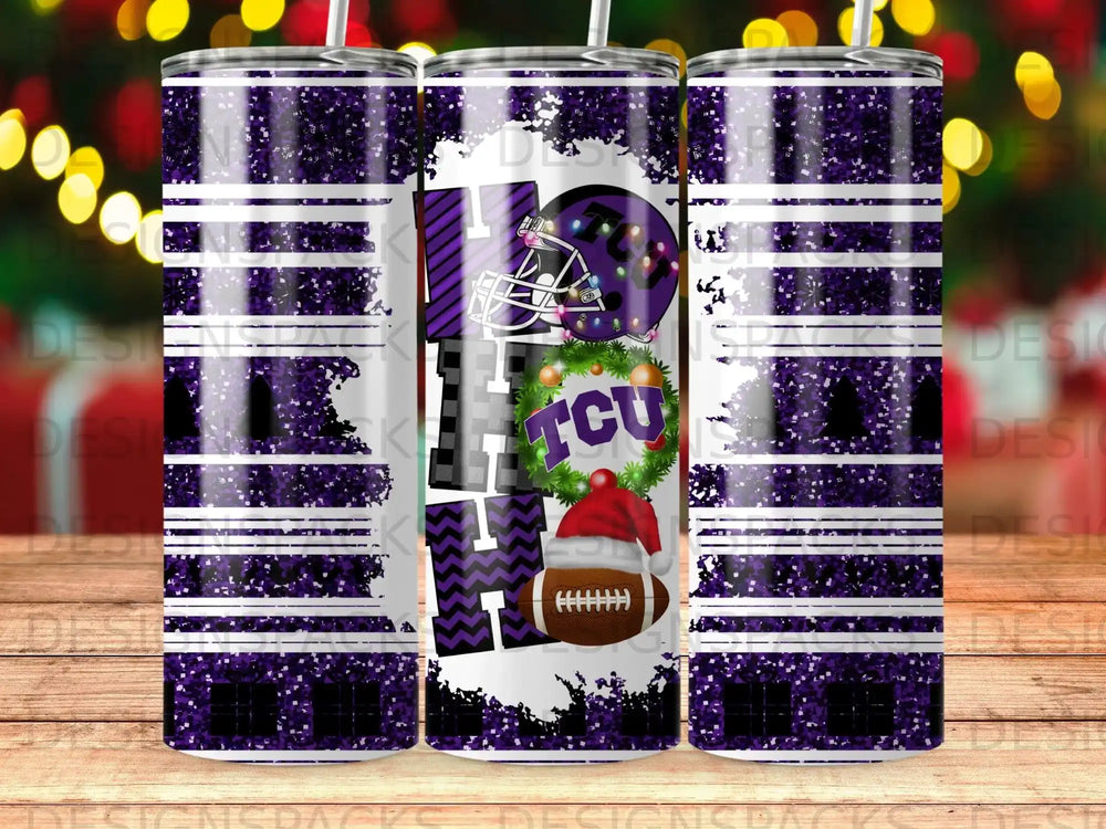 Purple and white striped tumbler with "HOO HOO TCU" and a football.