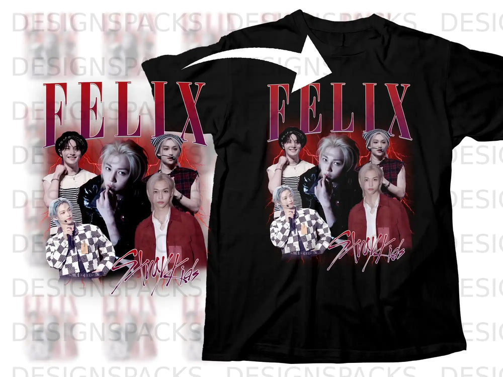 Stray Kids Felix graphic t-shirt with collage of member photos.