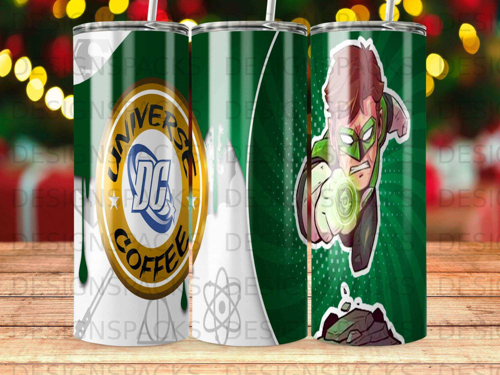 Green Lantern and DC Comics logo on a green and white tumbler.