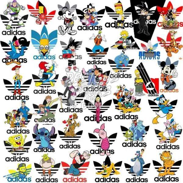 Adidas logo with cartoon characters, print-ready designs for DTG, DTF, embroidery, and tumbler wraps