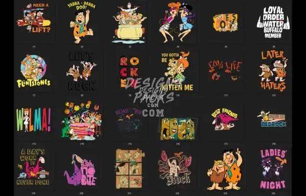 Flintstones-themed DTF/DTG designs bundle with print-ready PNG, SVG, PES for t-shirts, tumblers, embroidery