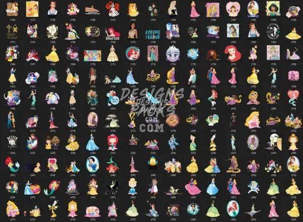 Disney princess designs for DTF, DTG, embroidery, and tumbler wraps in PNG, PES, SVG formats