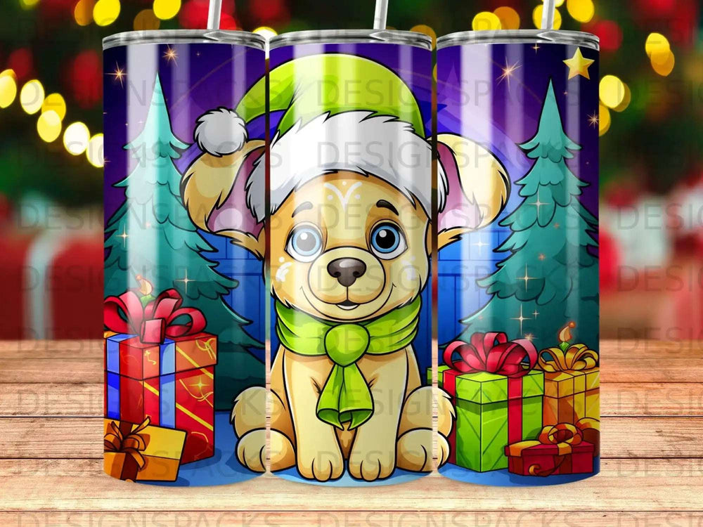Christmas puppy wearing Santa hat and scarf surrounded by gifts and trees.