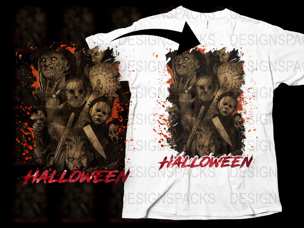 Halloween Horror T-Shirt, Scary Movie Characters, Blood Splatter Design, Unisex Graphic Tee