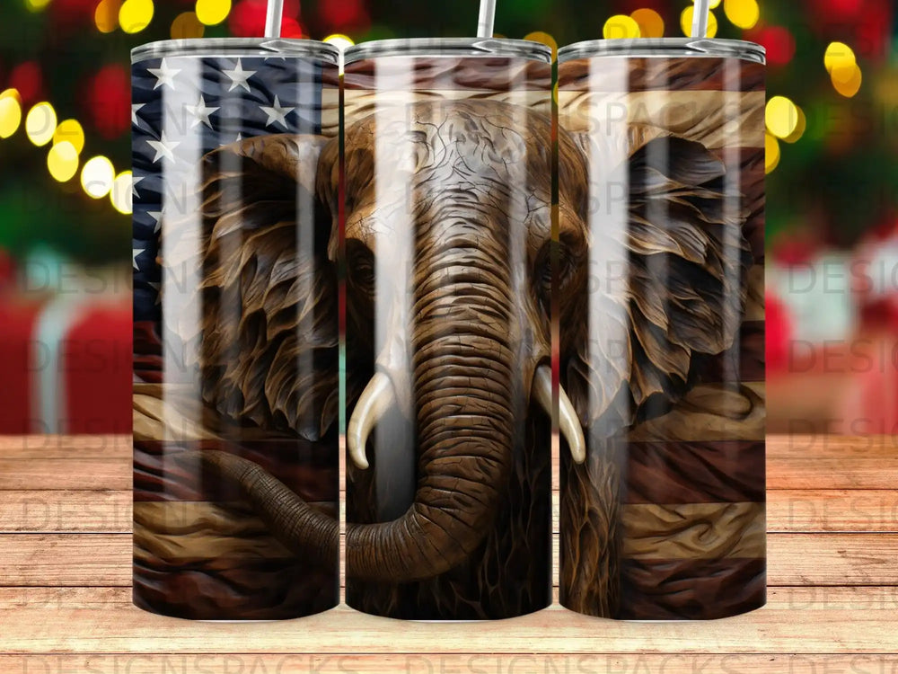 Elephant's face superimposed over a weathered American flag pattern.