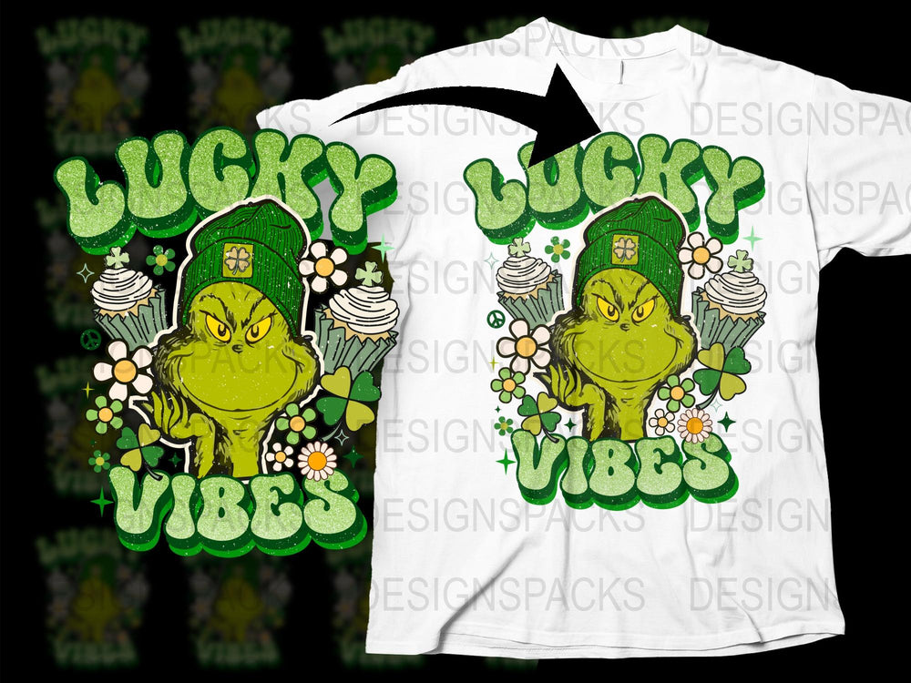 Lucky Vibes T-Shirt, St. Patrick's Day Grumpy Green Monster Graphic Tee, Festive Irish Celebration Apparel