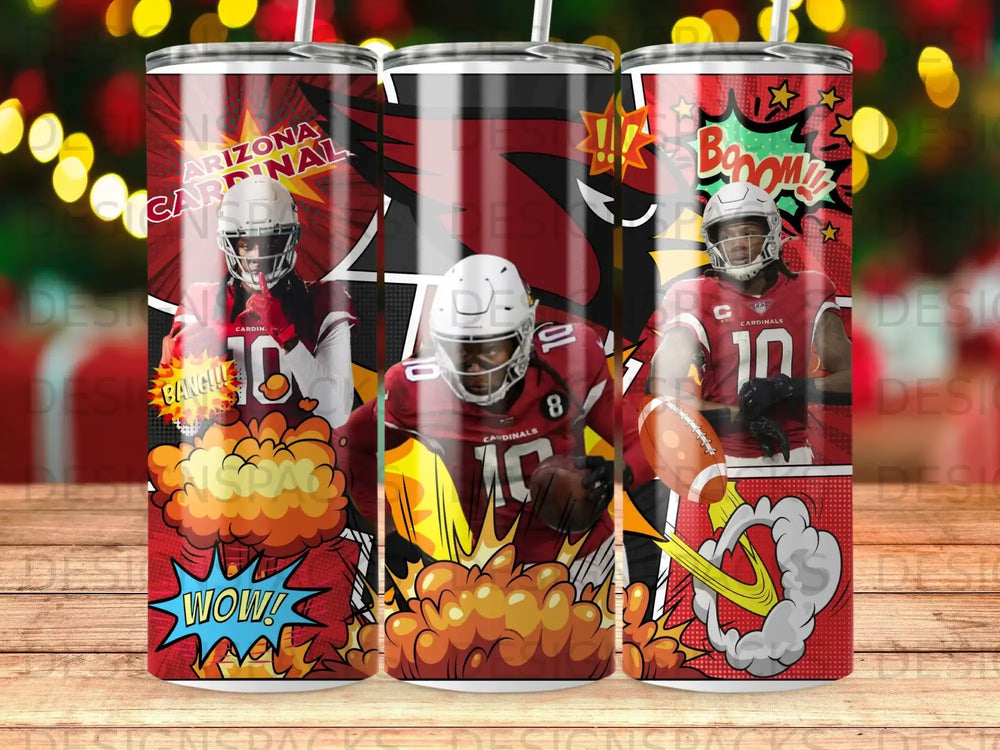Arizona Cardinals football player with comic book style explosions and text.