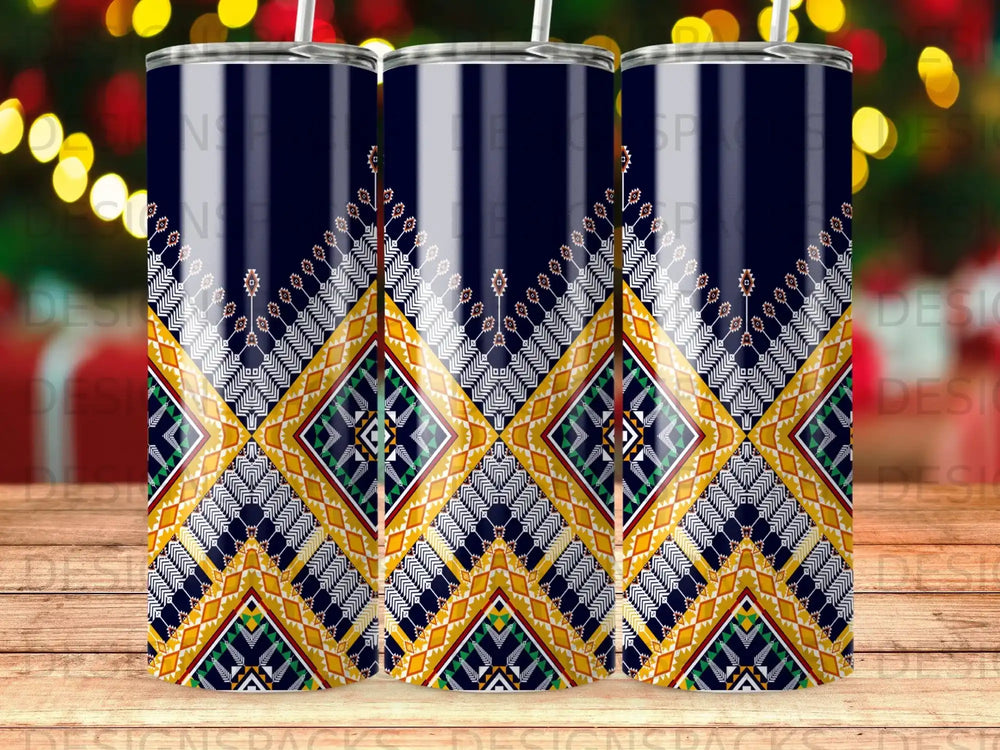 Blue tumbler with geometric ethnic pattern in yellow, white, and green.