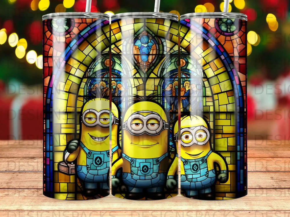 Three Minions in overalls against a stained glass window background.