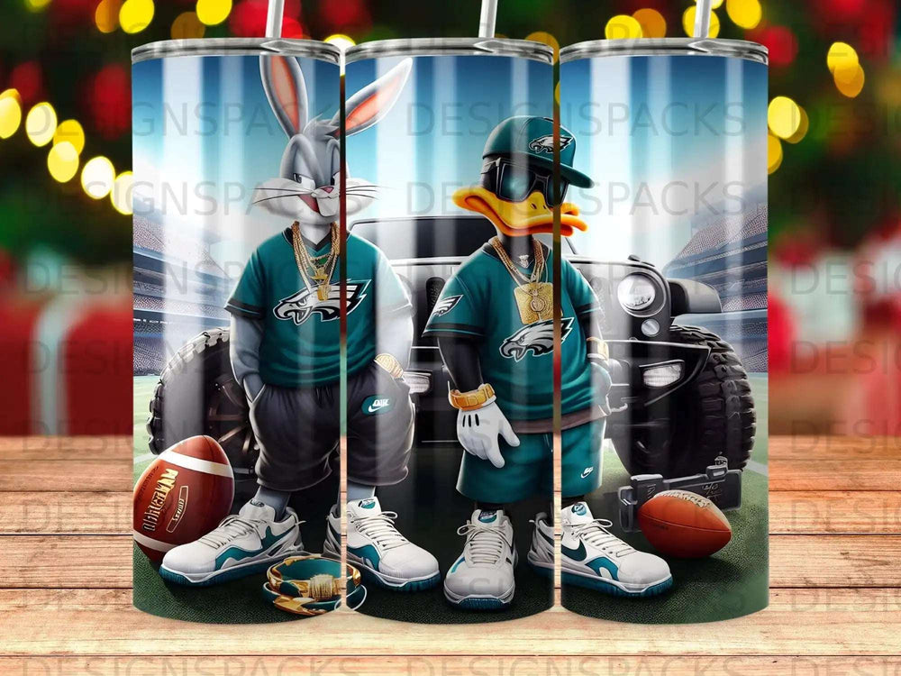 Bugs Bunny and Daffy Duck in Eagles jerseys with football and basketball.