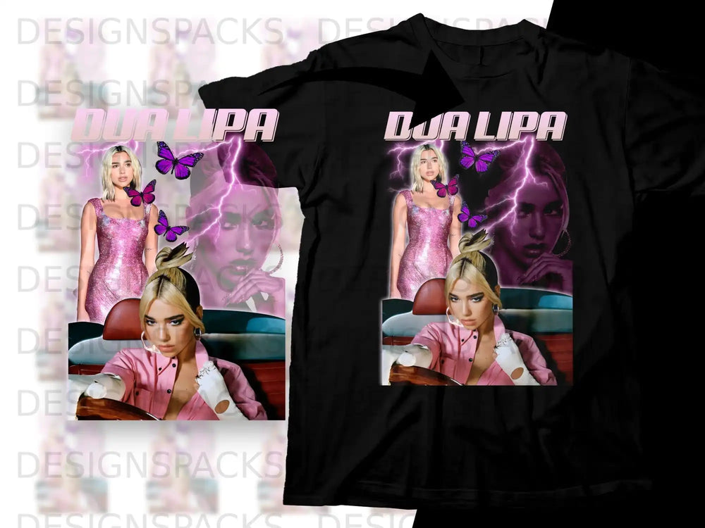 Dua Lipa graphic t-shirt with pink sparkle outfit and purple lightning.