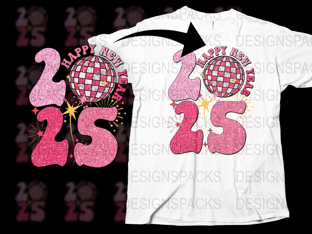Happy New Year 2025 T-Shirt, Pink Glitter Flamingo with Disco Ball Design, Festive Holiday Tee