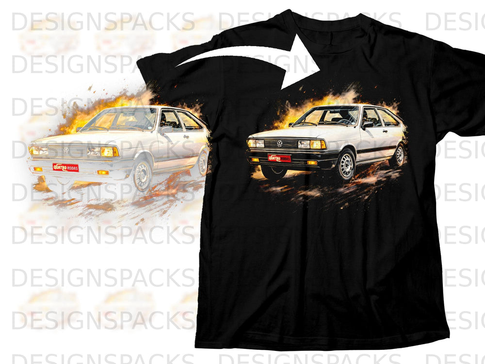 Black t-shirt with a graphic of a white car surrounded by flames.