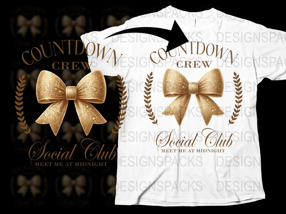 White Graphic T-Shirt with Golden Bow, Social Club Slogan, Meet Me at Midnight Design