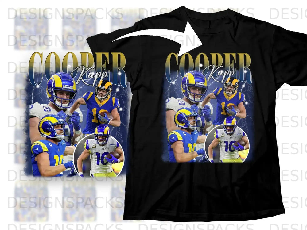Cooper Kupp Rams football jersey with number 10 on black t-shirt.