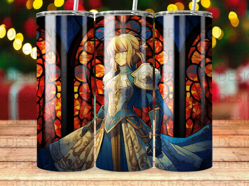 Anime character with blonde hair in blue and gold armor, stained glass background.