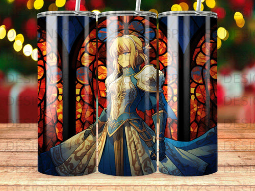 Anime character with blonde hair in blue and gold armor, stained glass background.