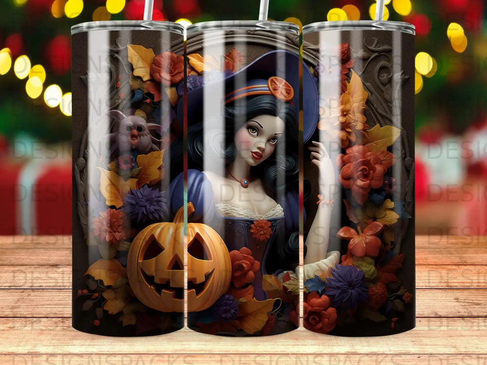 Halloween tumbler featuring witch, pumpkin, and floral fall accents.