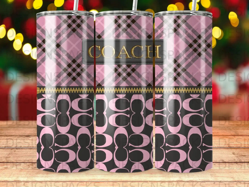 Pink Plaid Coach Logo Tumbler Gold Accent product type