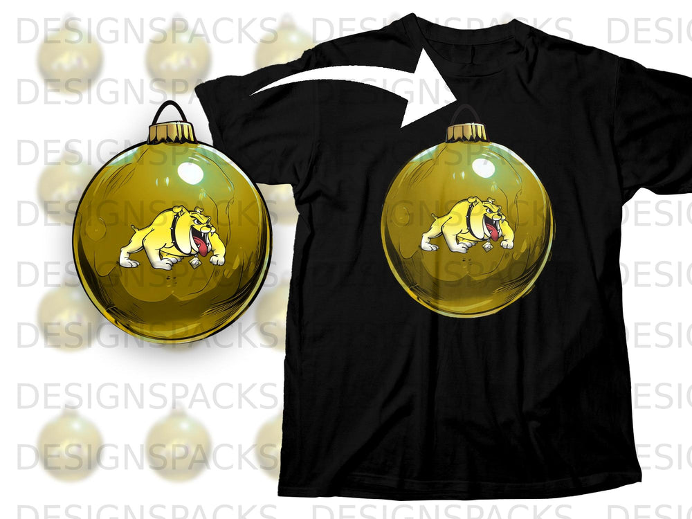Black t-shirt featuring a yellow bulldog inside a golden Christmas ornament.