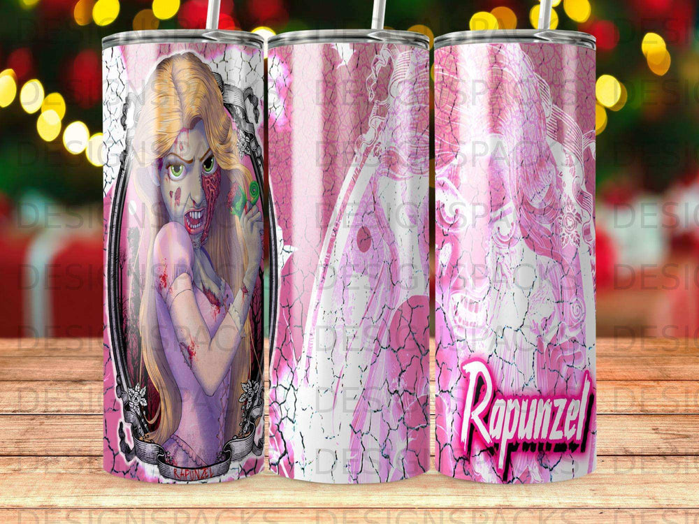 Rapunzel zombie character with cracked pink background and text.