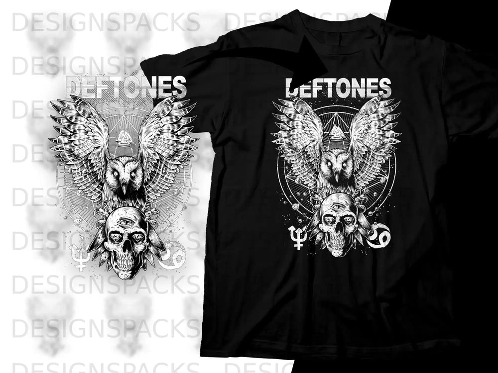 Black t-shirt with owl, skull, and celestial symbols.
