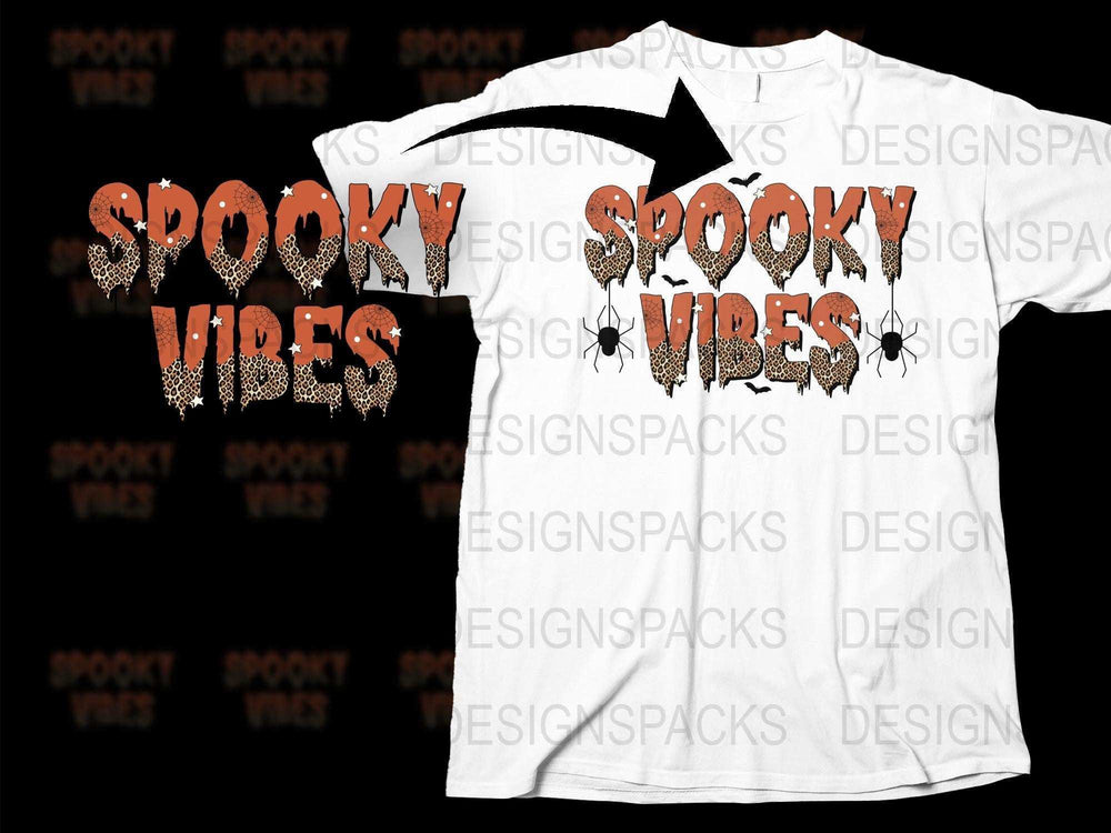 Spooky Vibes T-Shirt Halloween Spider and Bat Design, Orange Text Graphic Tee for Fall