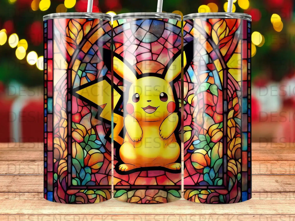 Pikachu stained glass design on a tumbler with festive lights in background.