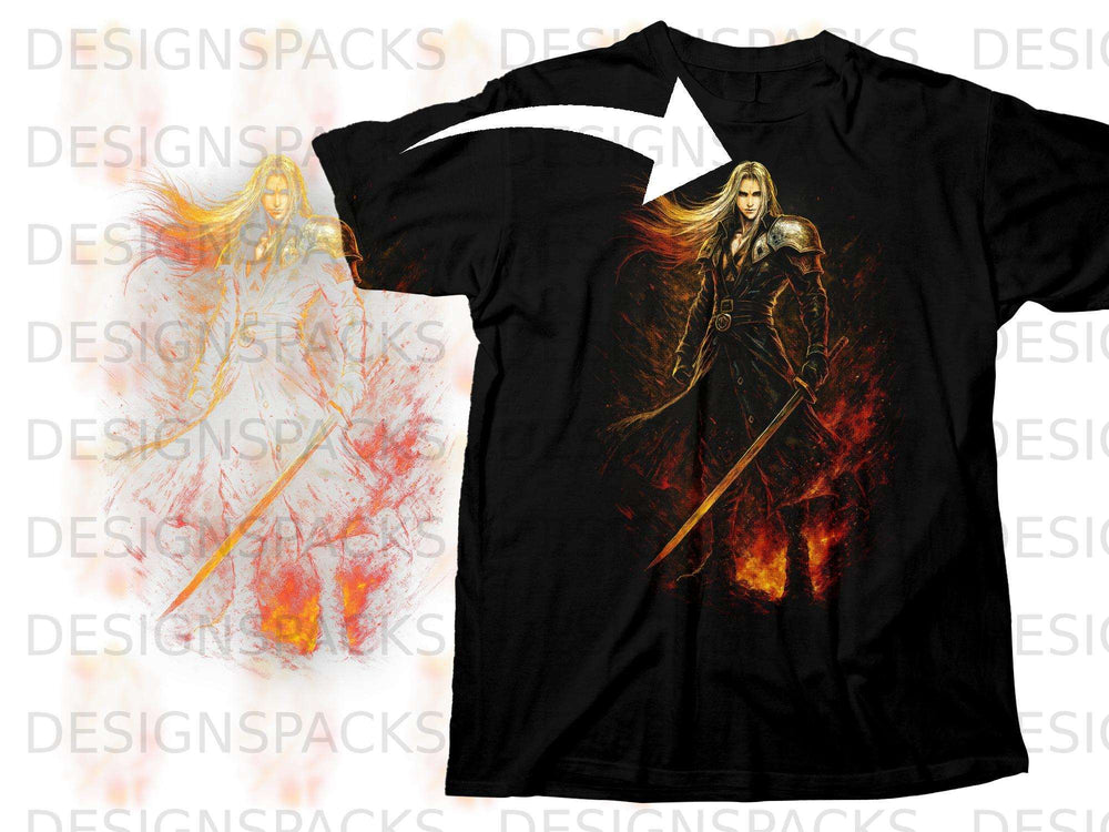 Black t-shirt with artwork of a blonde warrior holding a sword amidst flames.