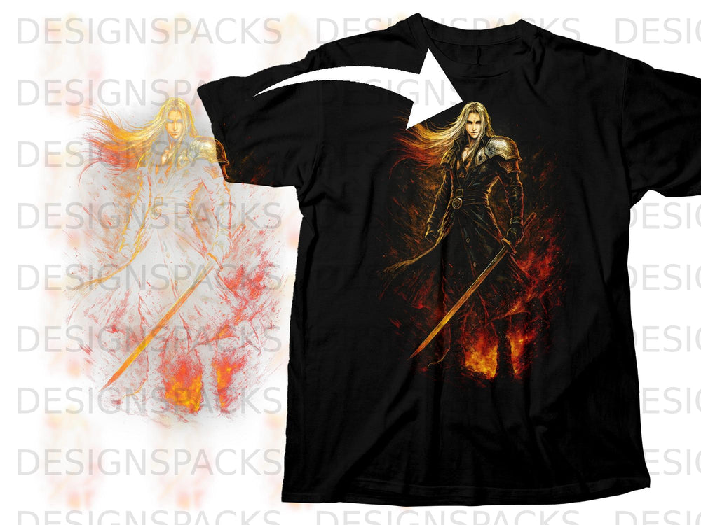 Black t-shirt with artwork of a blonde warrior holding a sword amidst flames.
