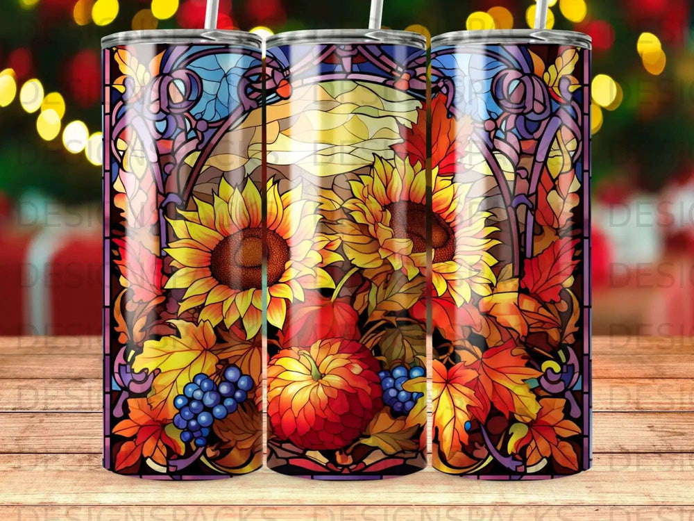 Stained glass tumbler design with sunflowers, grapes, and autumn leaves.