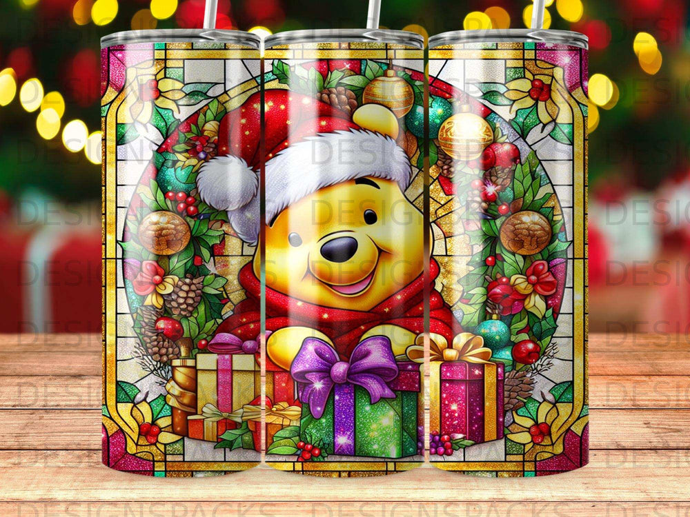 Winnie the Pooh in Santa hat surrounded by gifts and Christmas wreath.