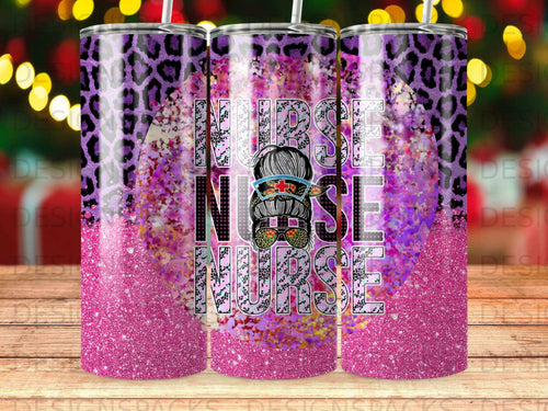 Nurse tumbler with leopard print, glitter, and purple accents.