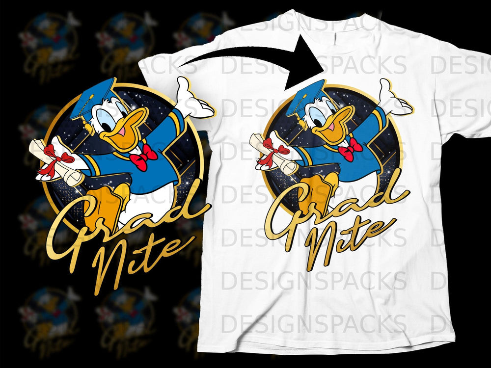 Donald Duck in graduation cap and gown holds diploma with "Grad Nite" text.