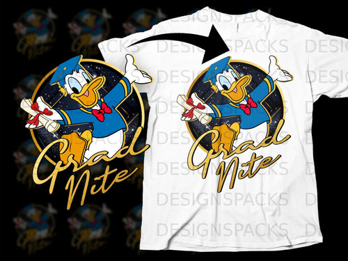 Donald Duck in graduation cap and gown holds diploma with 
