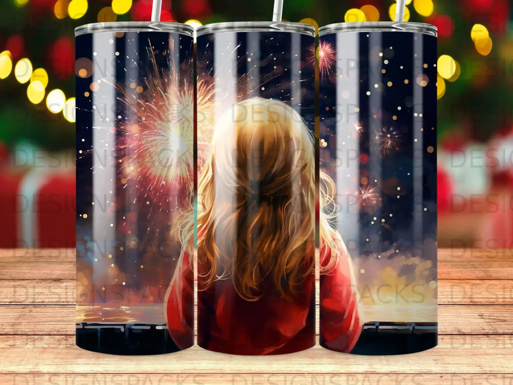 Child in red watches fireworks from a window.