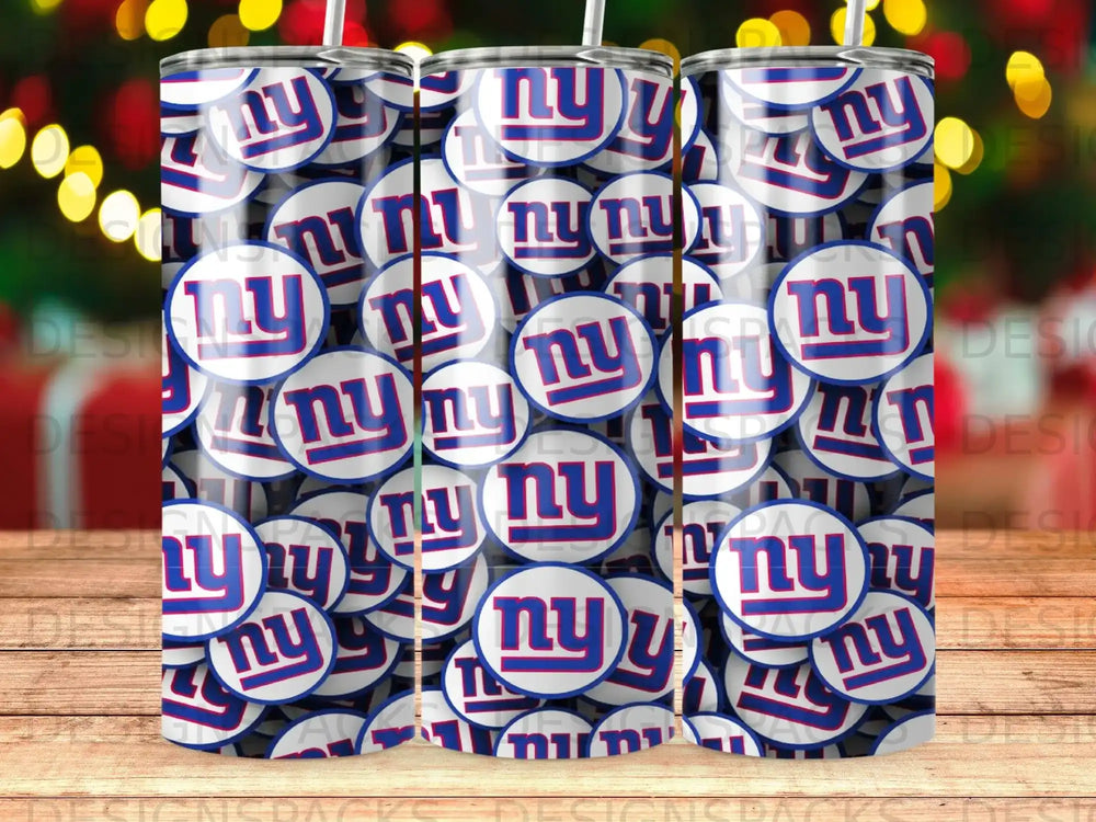 New York Giants logo repeating pattern on multiple cylindrical tumblers.