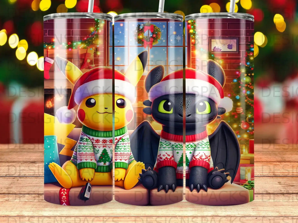 Pikachu and Toothless in Christmas sweaters with gifts and fireplace.