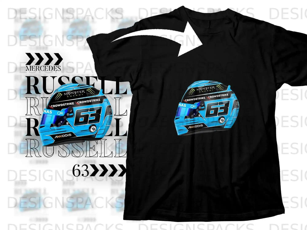 Black t-shirt featuring a blue helmet with "Russell 63" and sponsor logos.