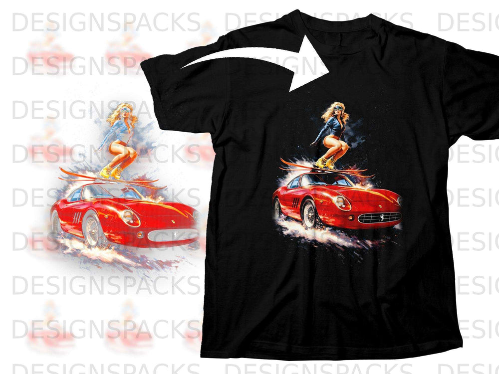 Black t-shirt with a graphic of a woman on skis on a red car.