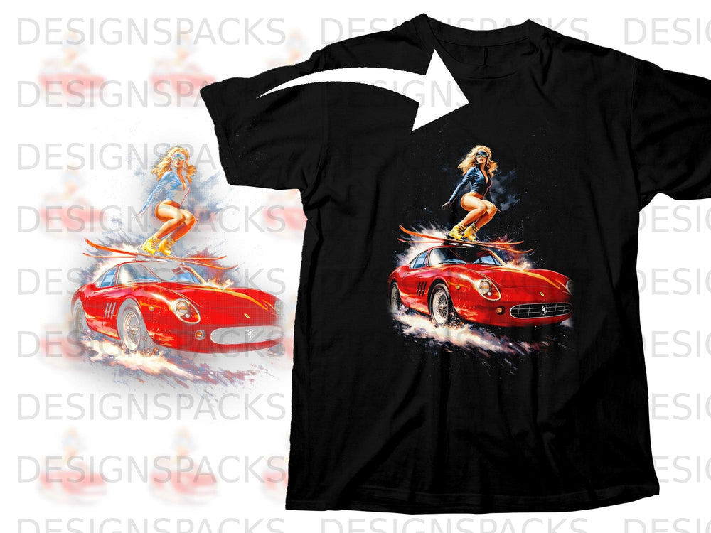 Black t-shirt with a graphic of a woman on skis on a red car.