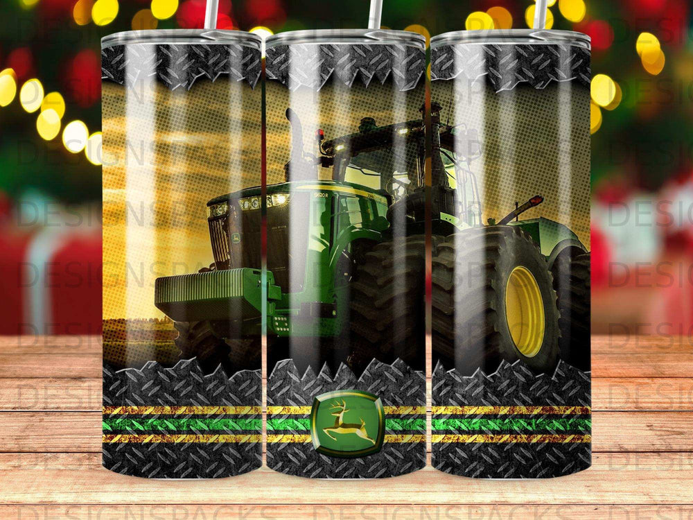 Green John Deere tractor with metallic stripes and diamond plate pattern.